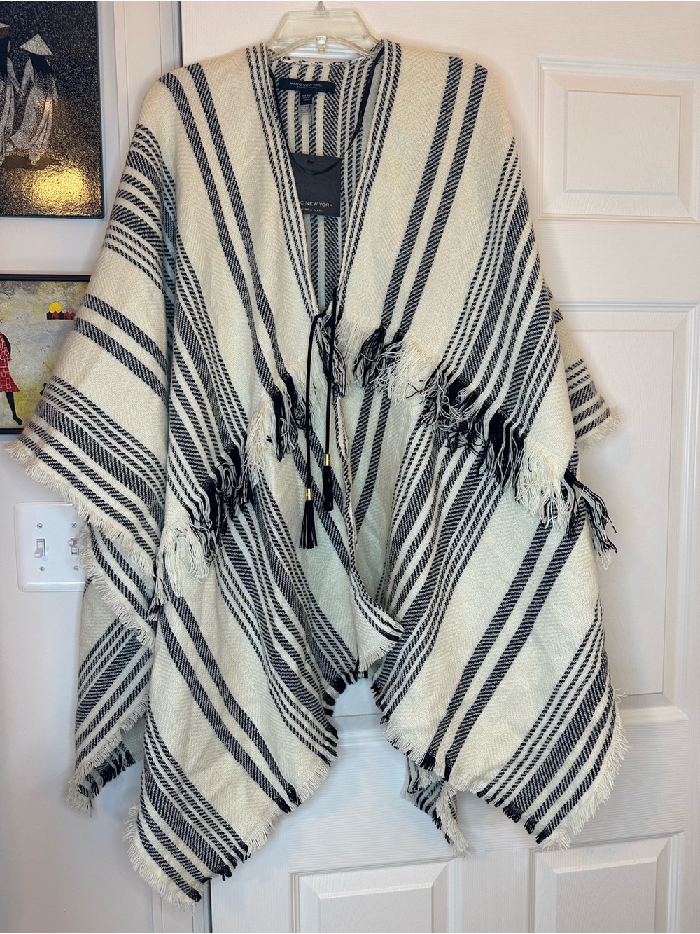 Marc New York Black and Cream Striped Fringe Poncho, One size, NWT